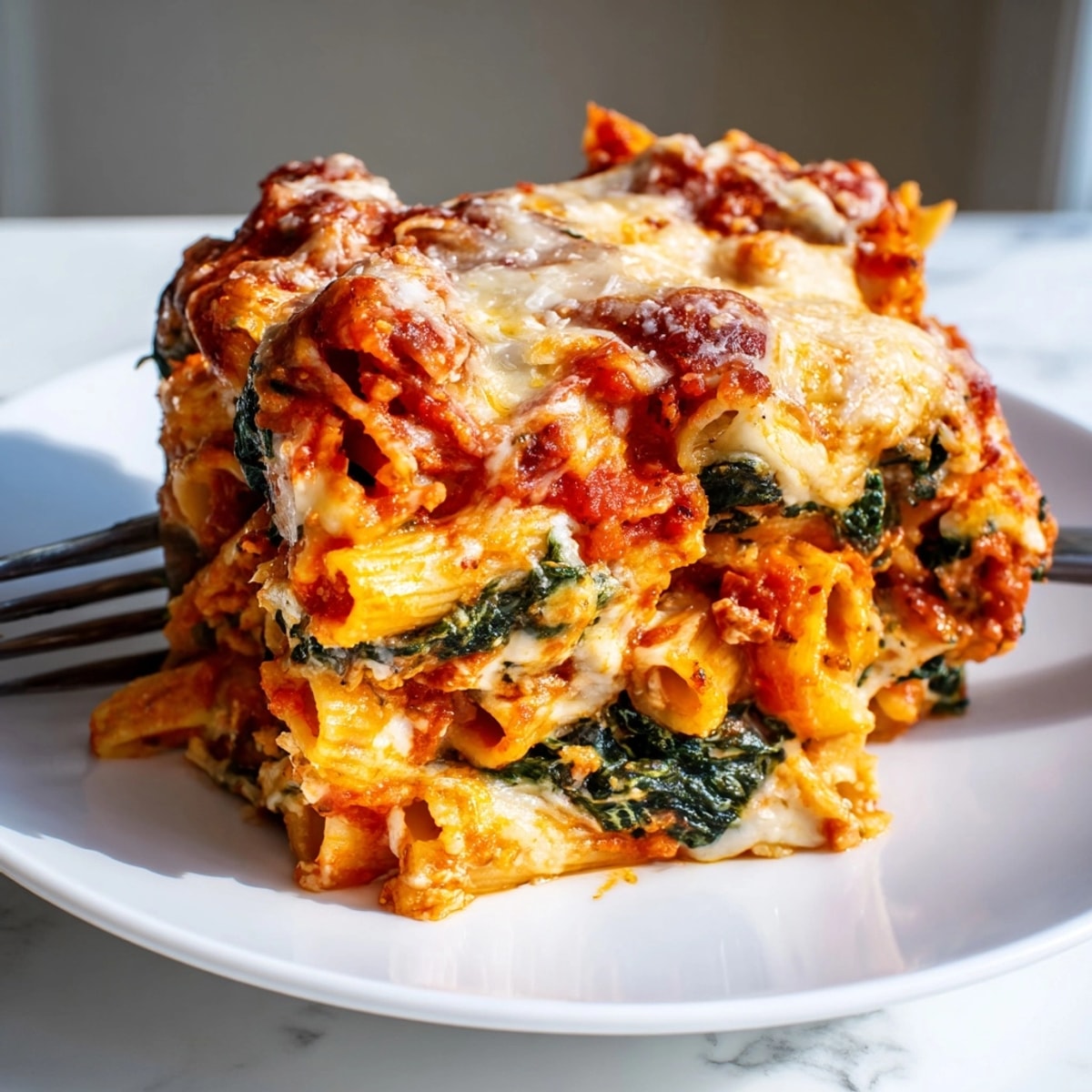 Easy Baked Ziti bubbling hot from the oven, cheesy and ready to serve.