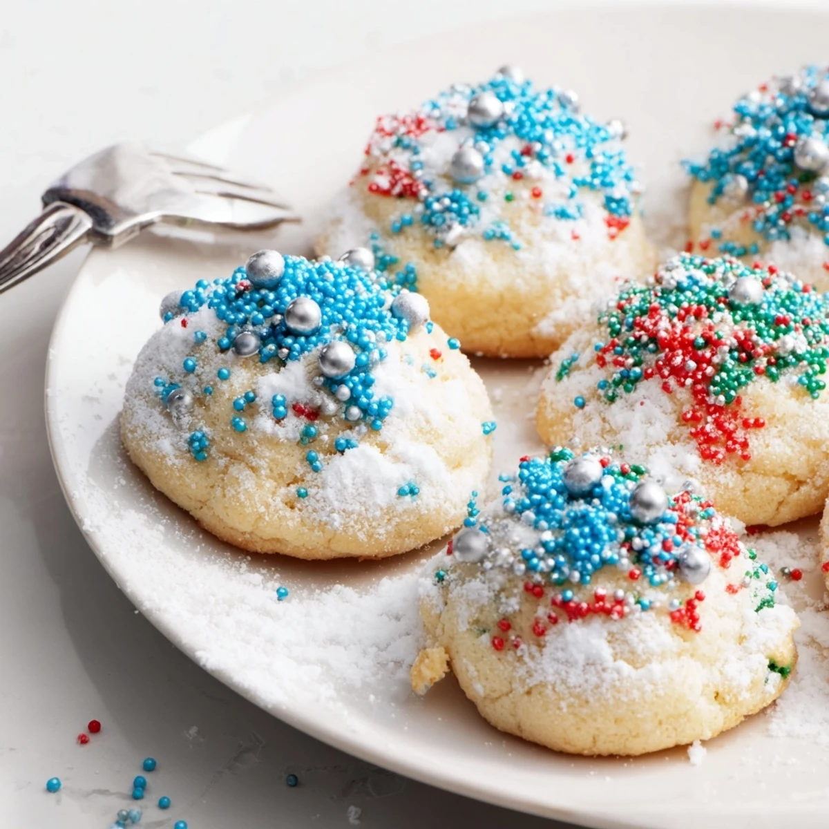 Light and fluffy Festive Hanukkah Puffed Christmas Cookies, dusted with powdered sugar.  