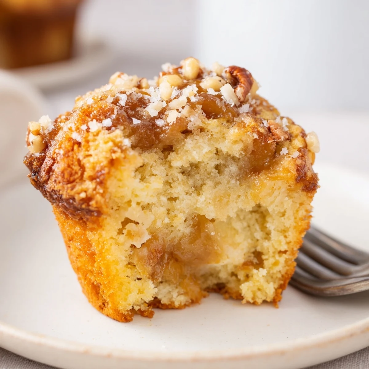 Moist caramel apple chunk muffins topped with crunchy pecans, perfect for breakfast delight.  