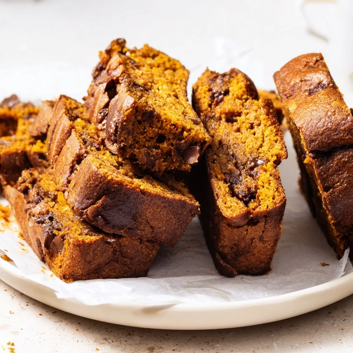 Golden-brown Gingerbread Pumpkin Muffin Biscotti with chocolate chips and nuts.  