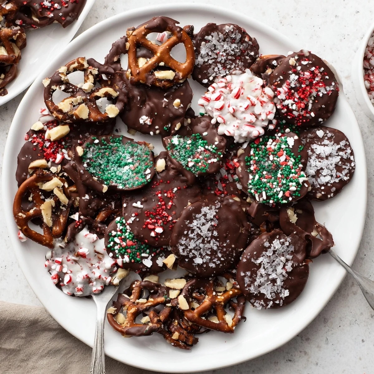 Deliciously sweet and salty holiday snack chocolate pretzel thins topped with crushed peppermint.