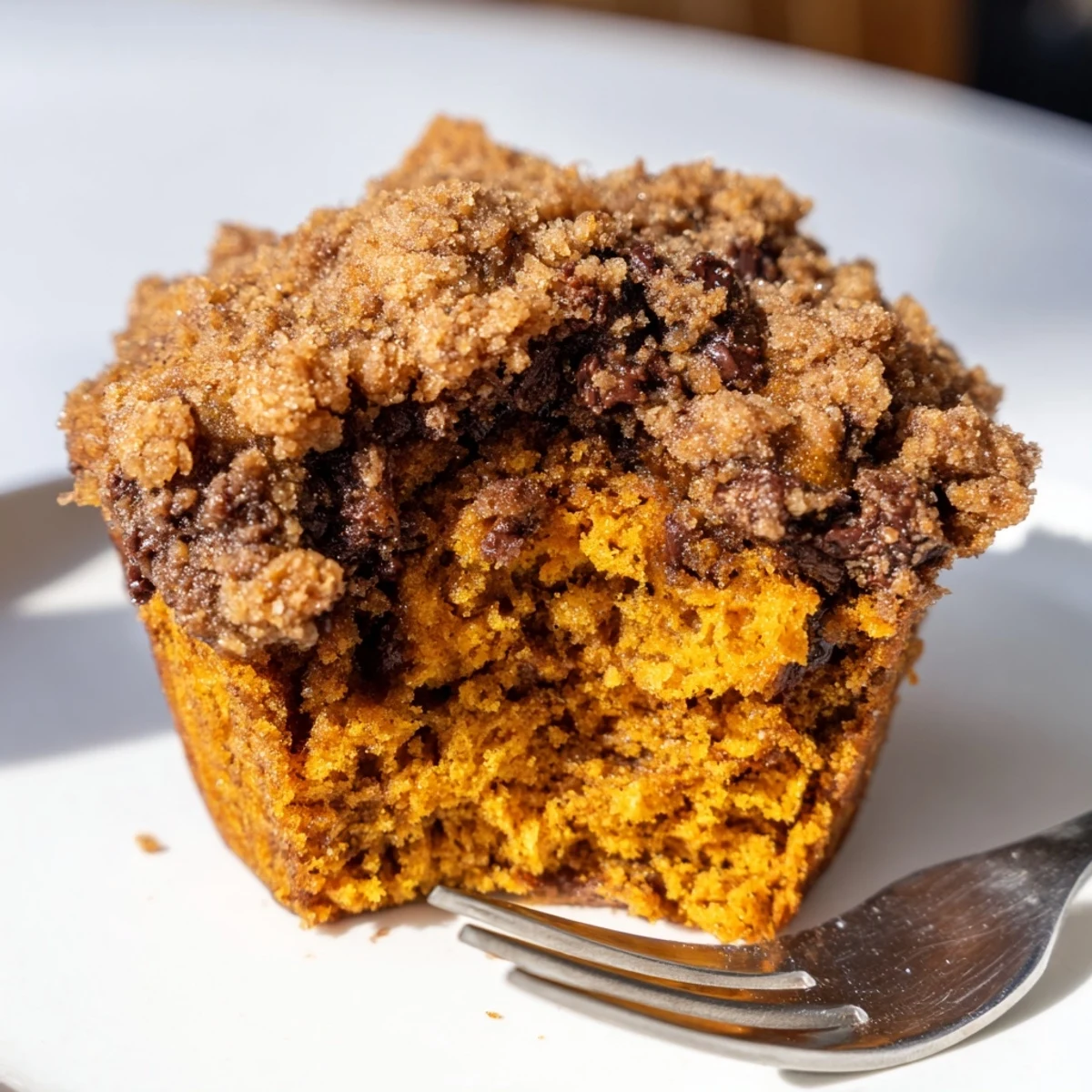 Moist pumpkin chocolate chip muffins with spiced streusel, perfect for breakfast treats.  