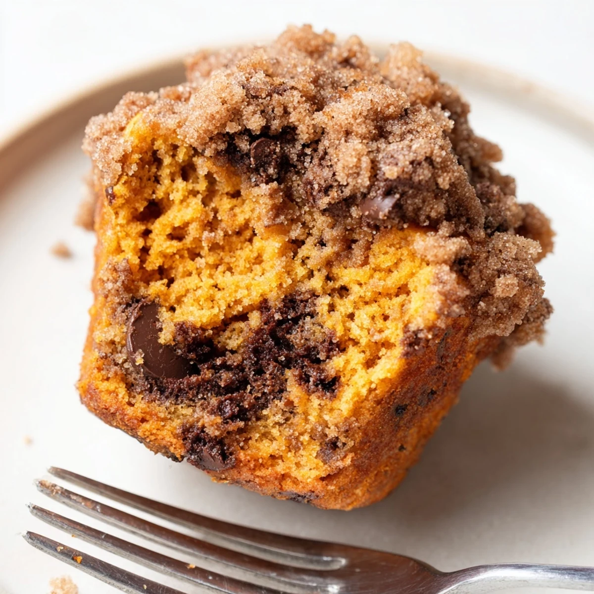 Golden-brown pumpkin chocolate chip muffins topped with crunchy, cinnamon sugar streusel.  