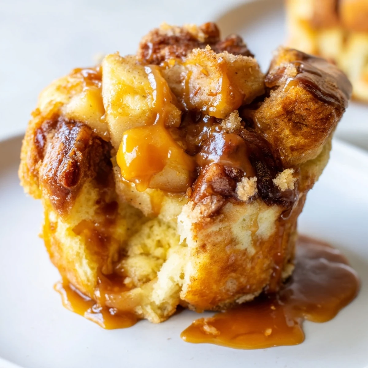 Deliciously soft Caramel Apple Bread Pudding Muffins topped with pecans and gooey caramel.  