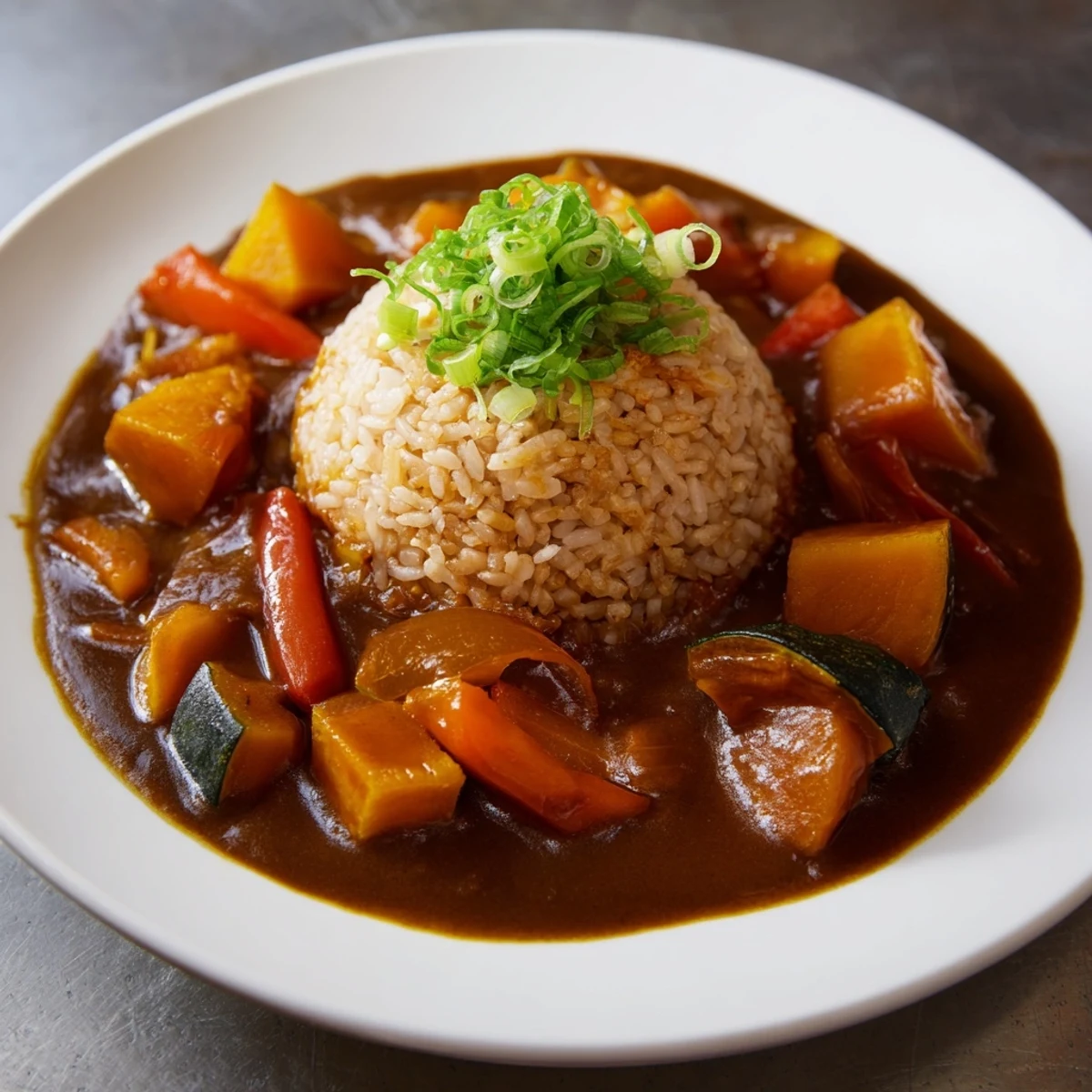 Hearty Japanese Curry Pumpkin Twist served over fluffy rice, garnished with scallions.  
