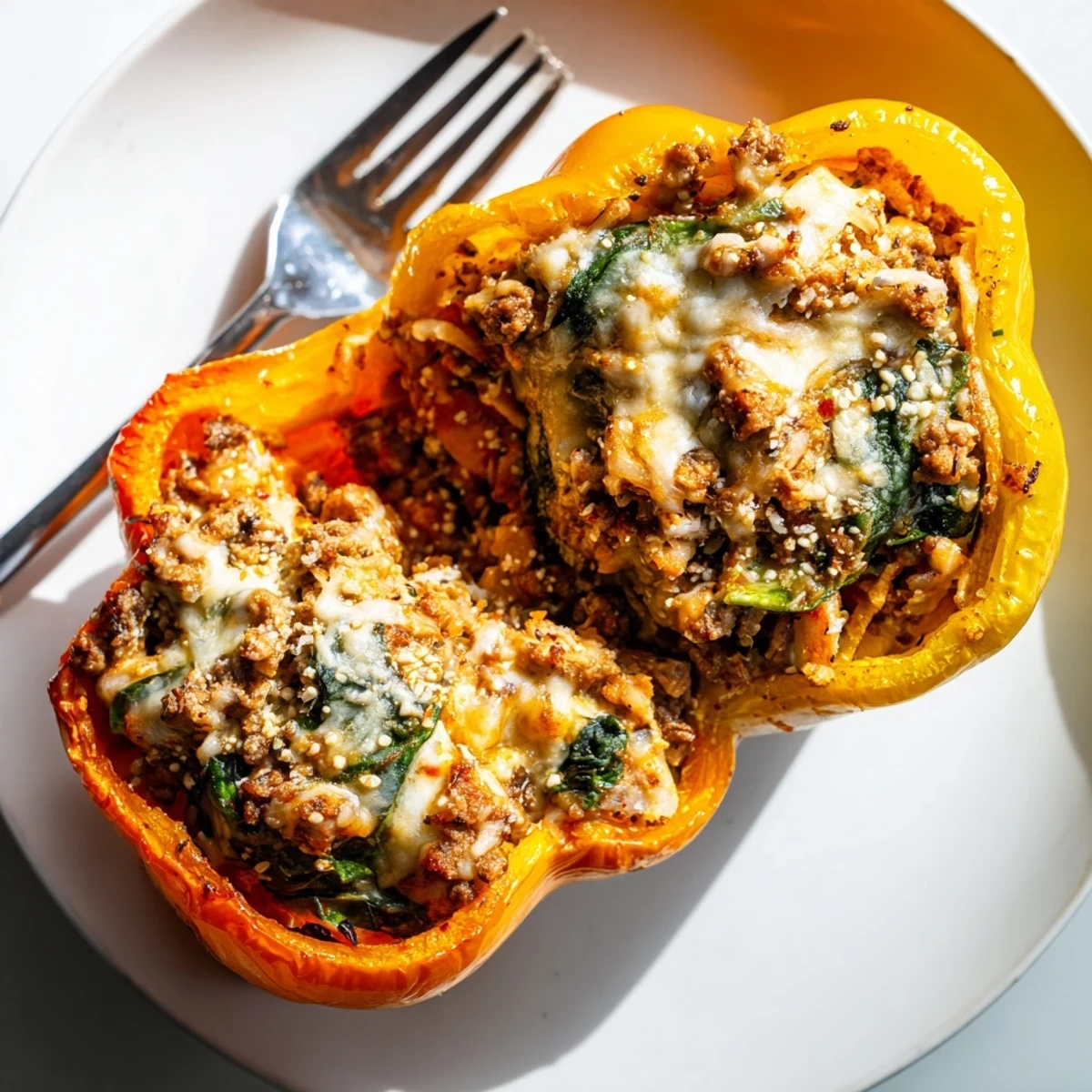 Baked bell peppers filled with lasagne soup, perfect for a cozy family dinner.