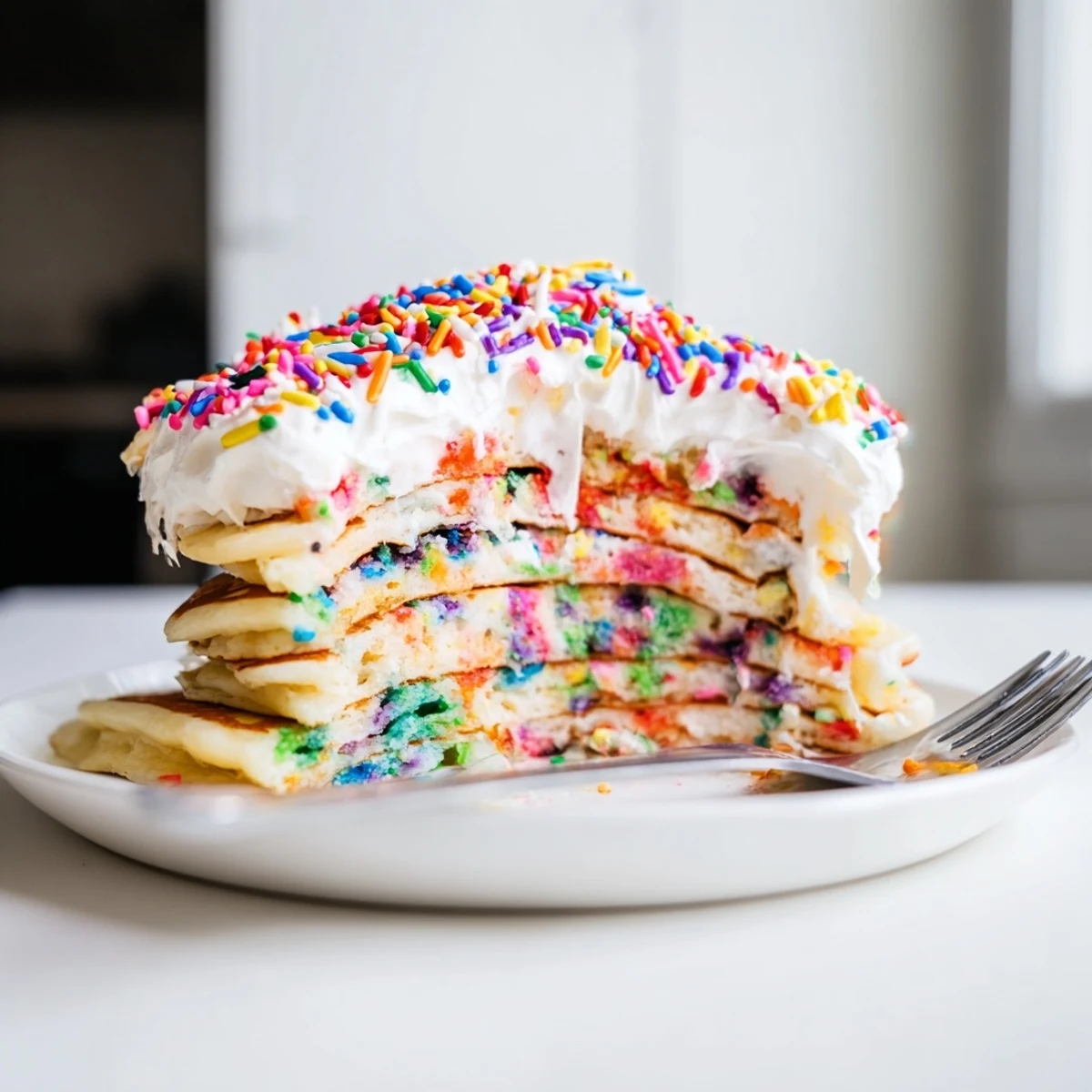 Colorful Silly Cake Funfetti Pancake stack drizzled with whipped cream and sprinkles.  