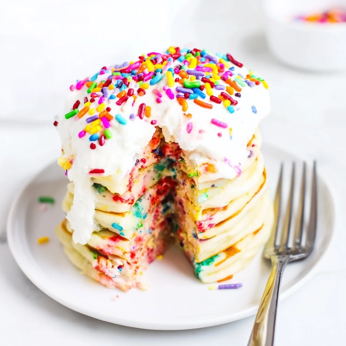 Fluffy Silly Cake Funfetti Pancakes topped with rich cream and vibrant rainbow sprinkles.  