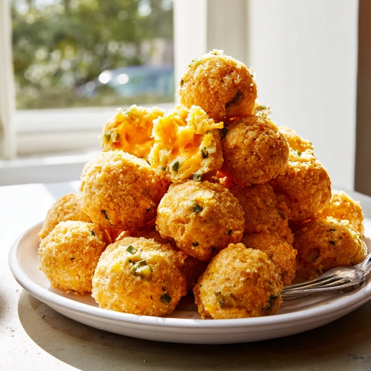 Soft Cheesy Jalapeño Soda Muffin Balls fresh out of the oven, golden and fluffy.  