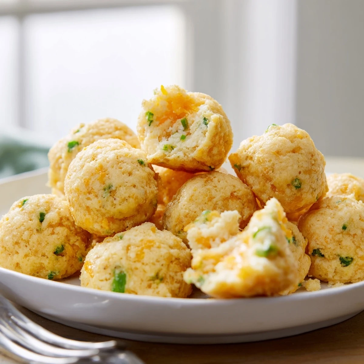 Delicious, savory Cheesy Jalapeño Soda Muffin Balls served warm with creamy ranch dip.  
