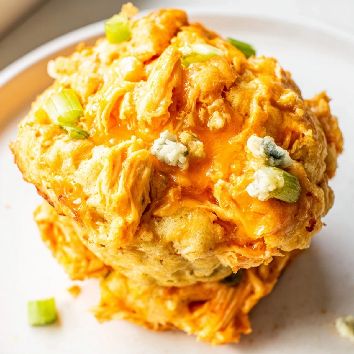 Savory Buffalo Chicken Cheddar Drop Muffins, ideal for breakfast or party appetizers.