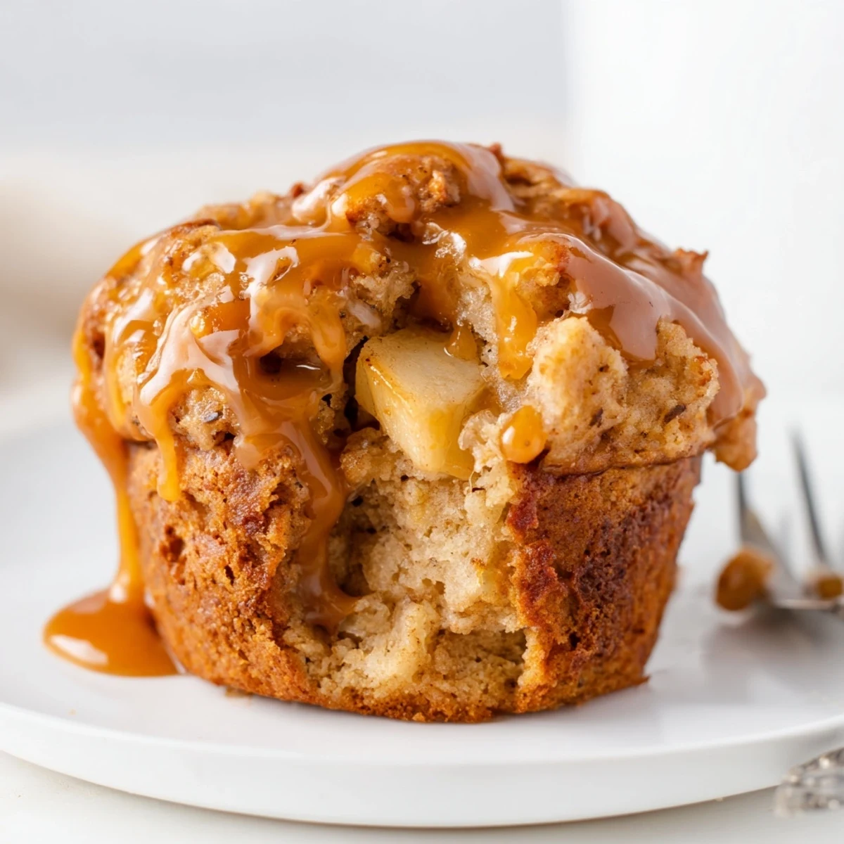 Tender chai caramel apple biscuit muffins drizzled with rich caramel sauce and spices.  