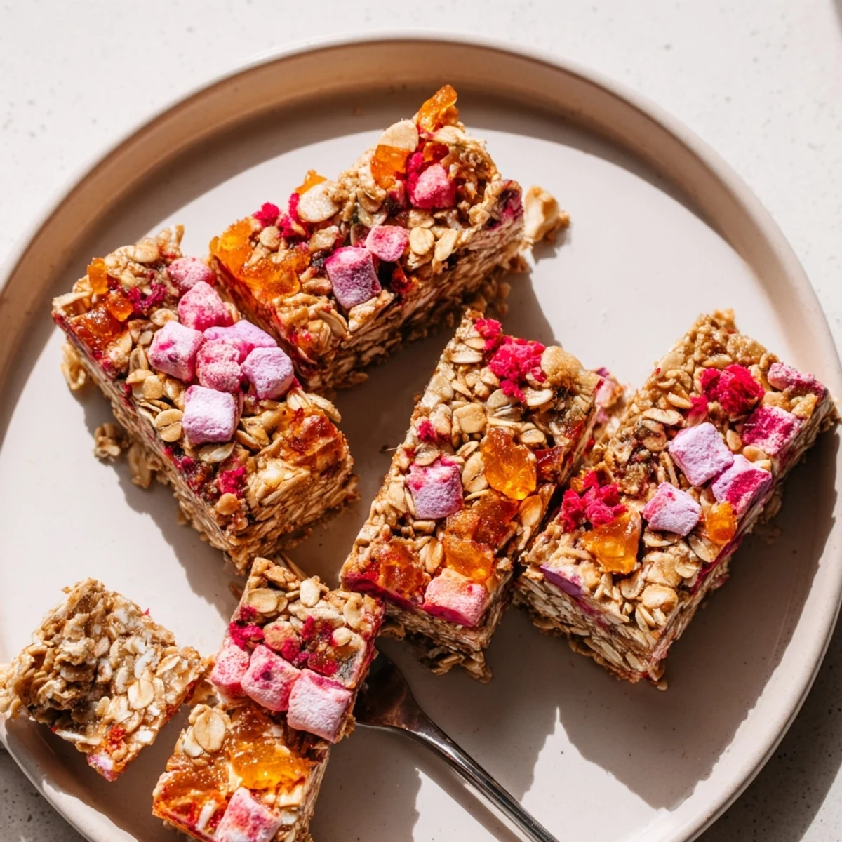 Colorful DIY snack bars topped with chewy homemade gummies and freeze-dried fruit.  
