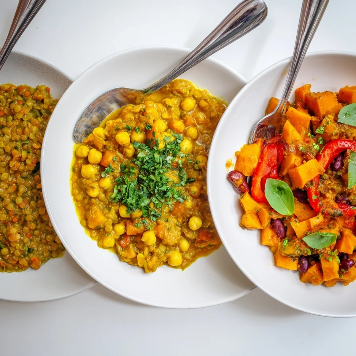 Colorful Thai Red Lentil Curry bursting with spices and garnished with fresh basil.