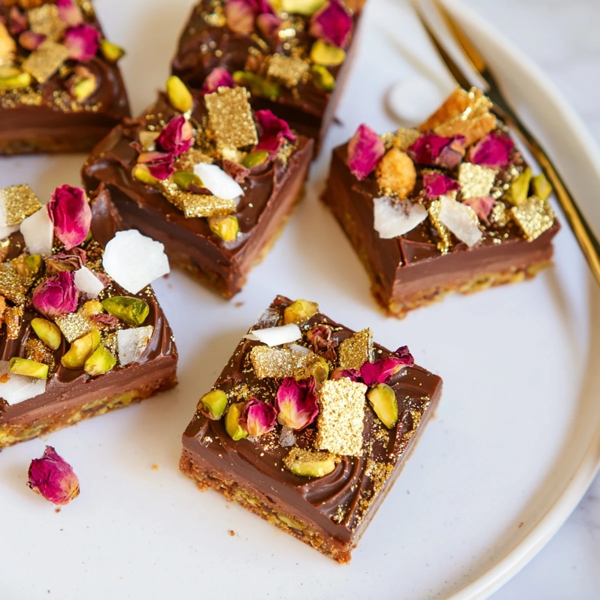 Decadent chocolate bar inspired creations topped with crushed pistachios and rose petals.  