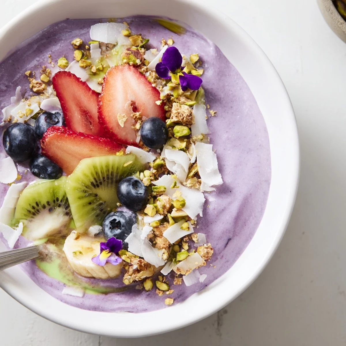 A vibrant smoothie bowl topped with fresh fruits and crunchy pistachios.  