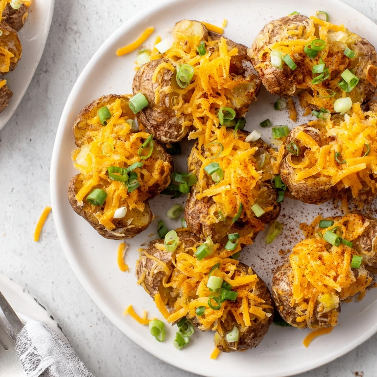 Crispy smashed green onion potato bombs topped with melted cheddar and fresh herbs.  