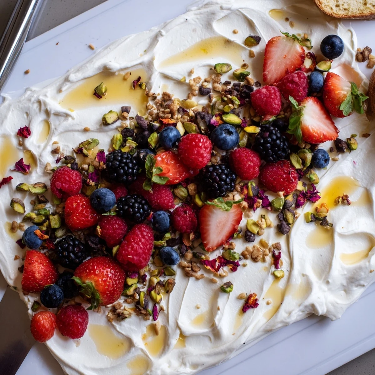 Shareable butter board dessert with creamy texture, vibrant berries, and sweet toppings.