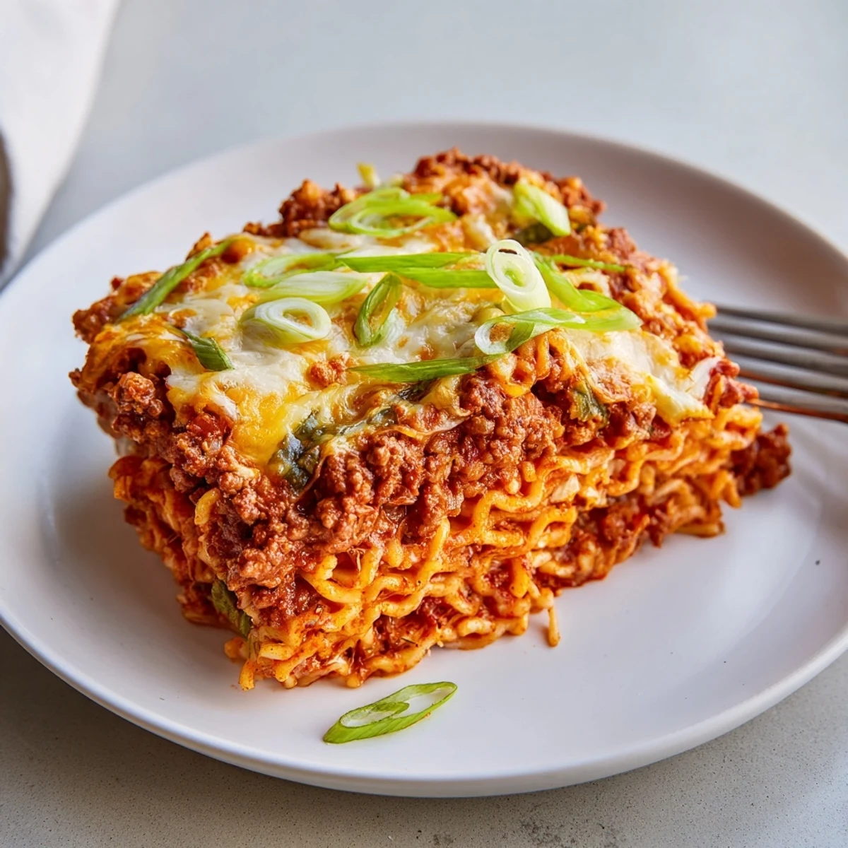 Layers of Spicy Ramen Lasagna with savory pork, vibrant tomatoes, and melted cheese.  