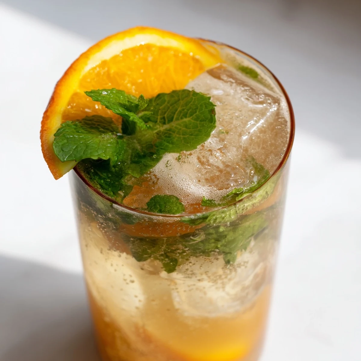 Delicious homemade probiotic soda mocktail garnished with orange slices and mint leaves.  