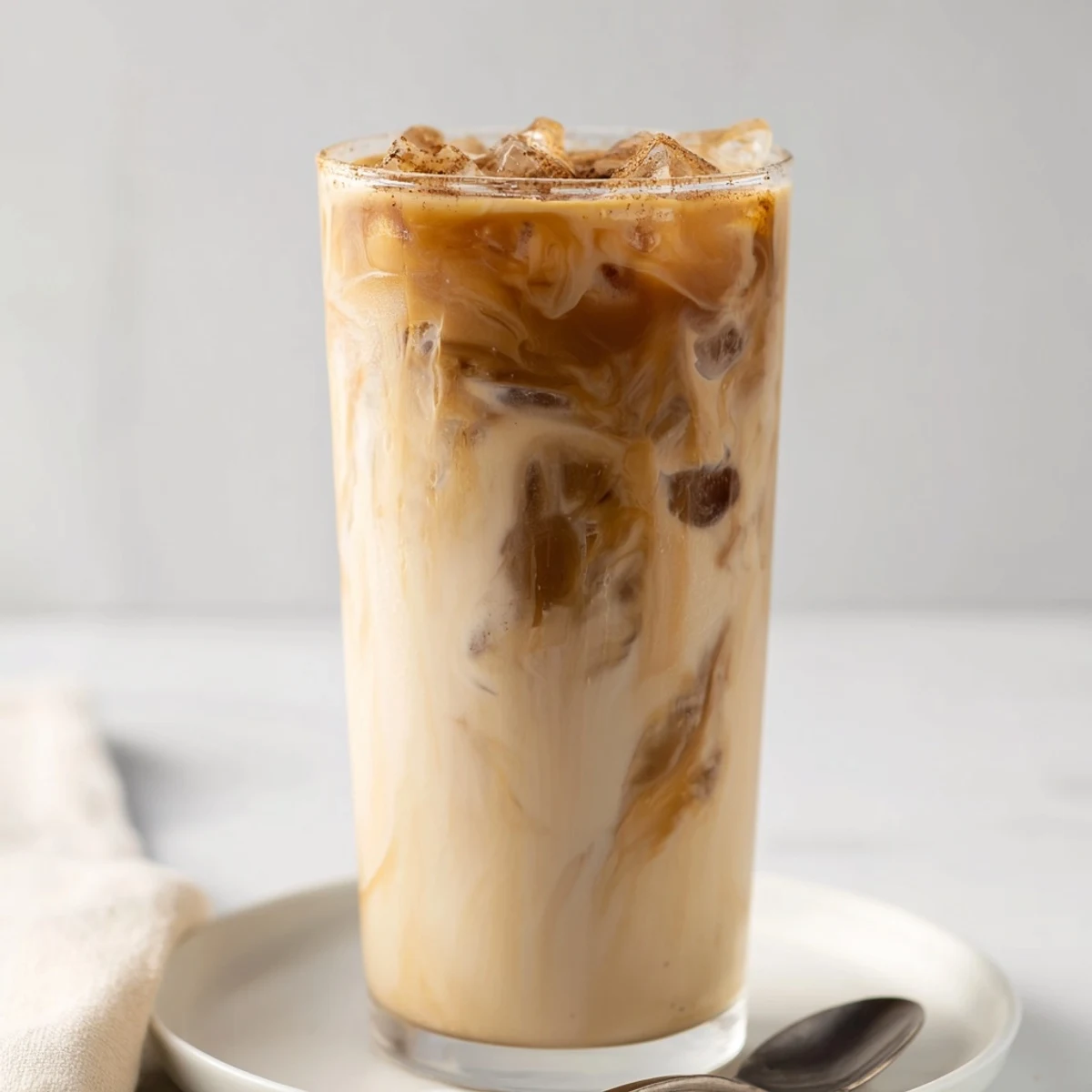 Rich tahini iced coffee topped with creamy plant-based milk and ice cubes.  