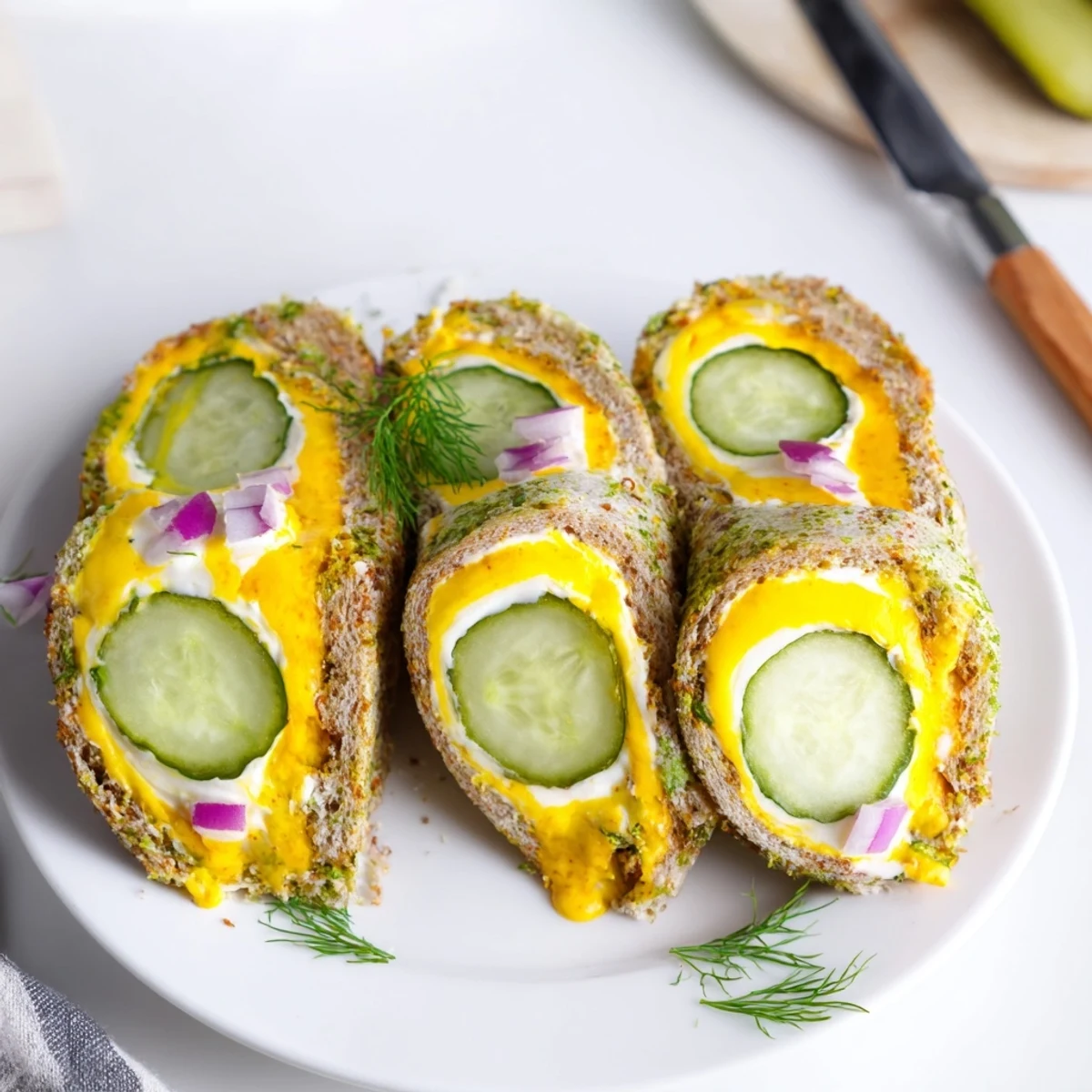 Crispy pickle-in-a-blanket rolls drizzled with mustard, perfect for game day snacking.  