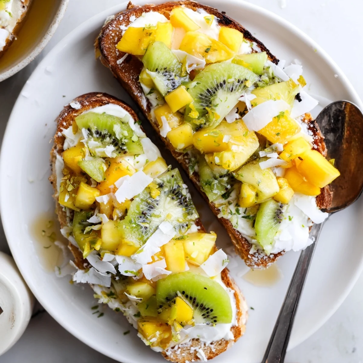 Deliciously fluffy Yogurt-Custard Toast with coconut and fresh fruit, perfect for mornings.