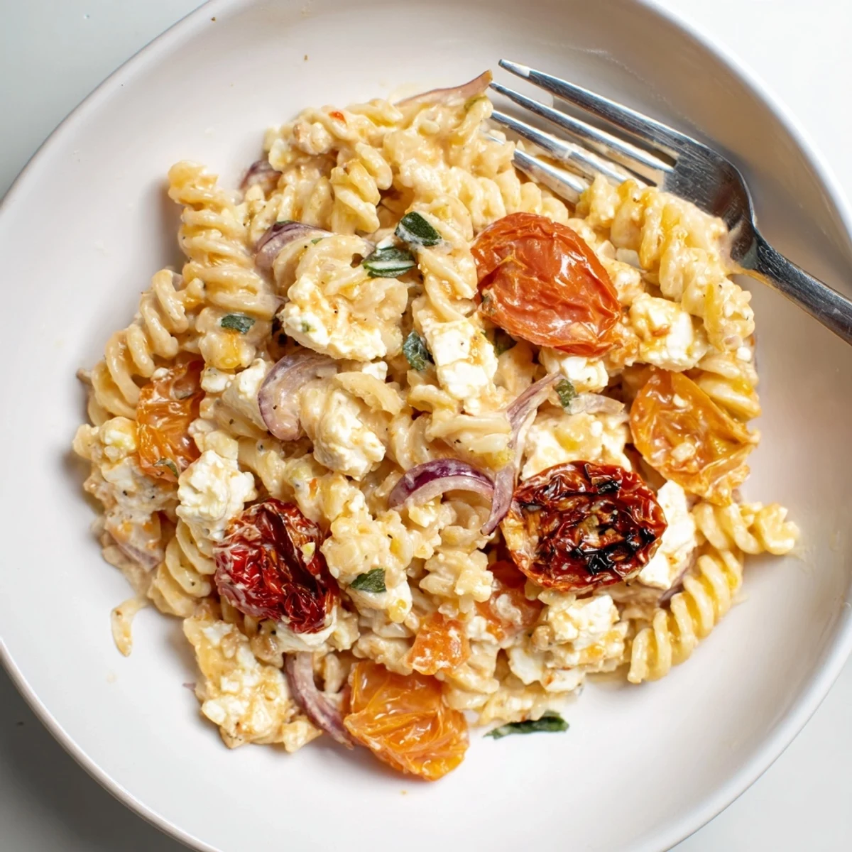 Delicious baked feta pasta dish, bursting with flavor and fresh basil garnish.  