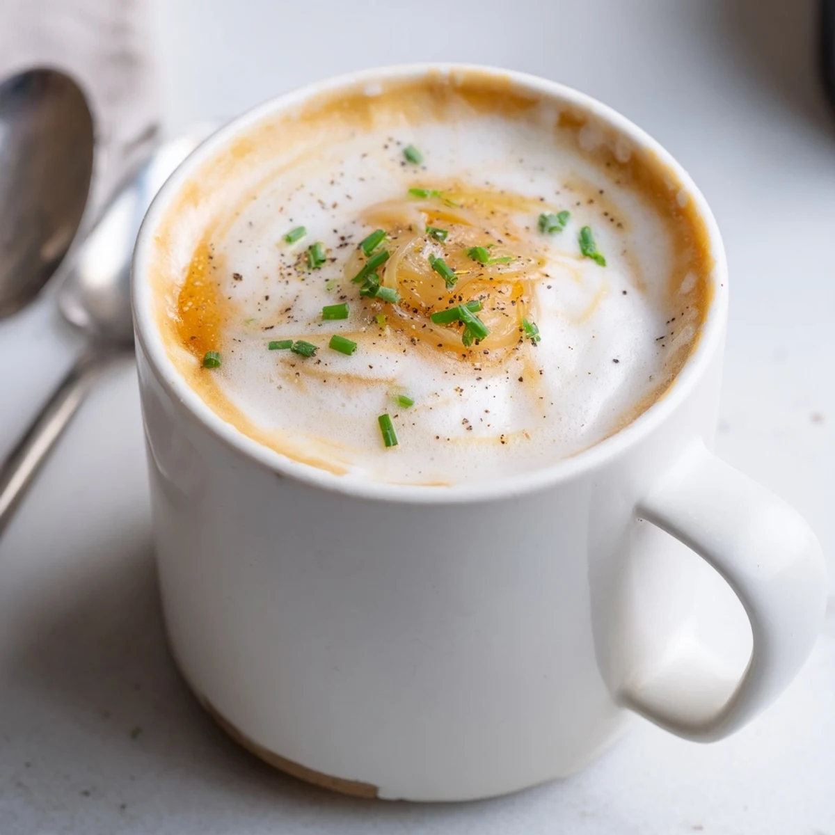 Rich Onion Latte topped with creamy foam, perfect for adventurous coffee lovers.  