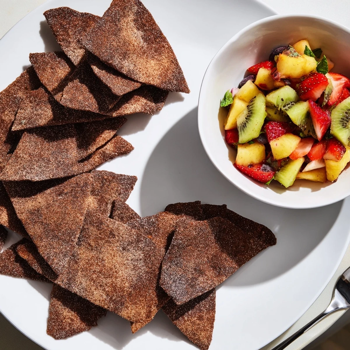 Crispy chocolate tortilla chips served with refreshing fruit salsa for dessert delight.  