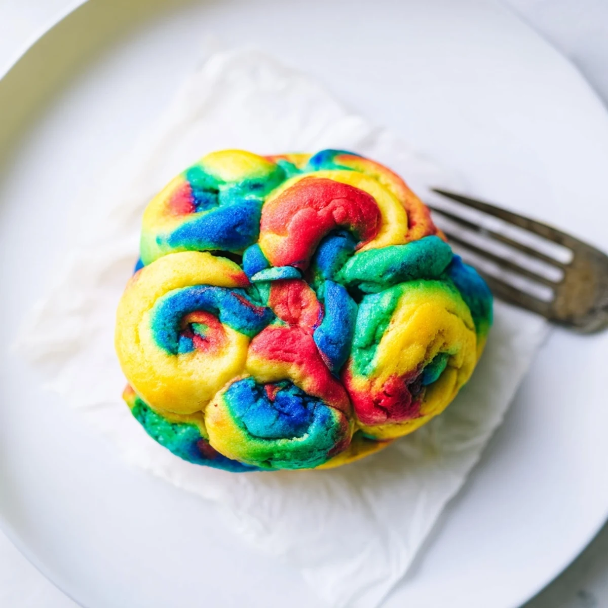 Fluffy cloud bread in vibrant rainbow colors, perfect for a whimsical breakfast treat.  