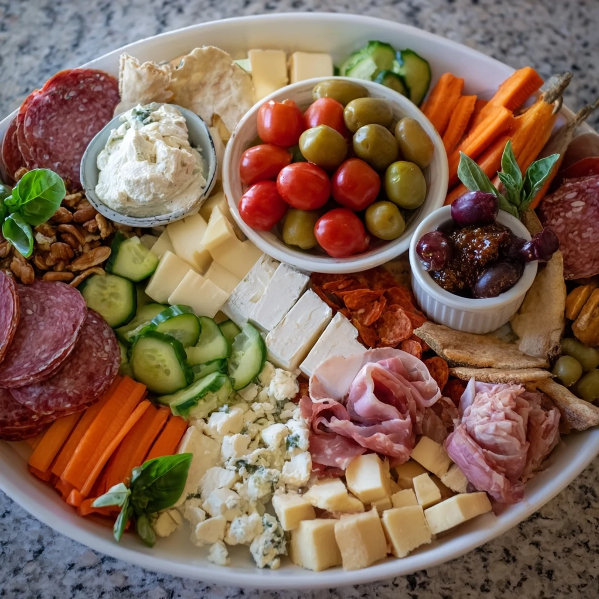 Colorful Girl Dinner Platter featuring assorted cheeses, fresh fruits, and savory dips.  
