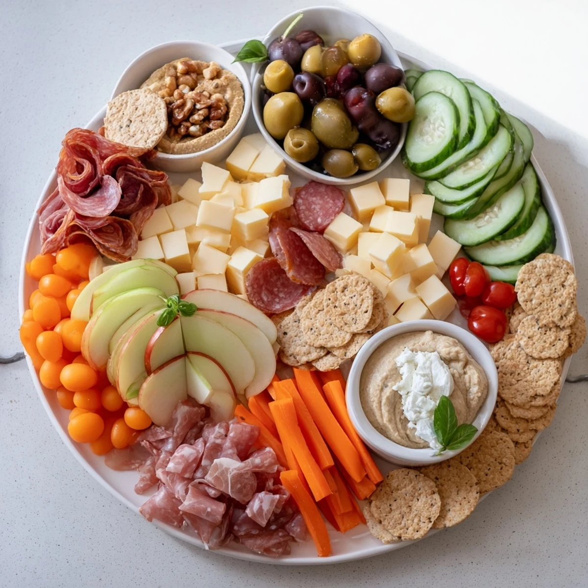 Deliciously arranged Girl Dinner Platter with creamy cheeses, vibrant veggies, and crunchy snacks.  