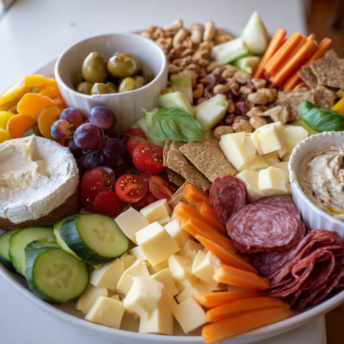Inviting Girl Dinner Platter showcasing rich cheeses, juicy grapes, and zesty spreads for sharing.