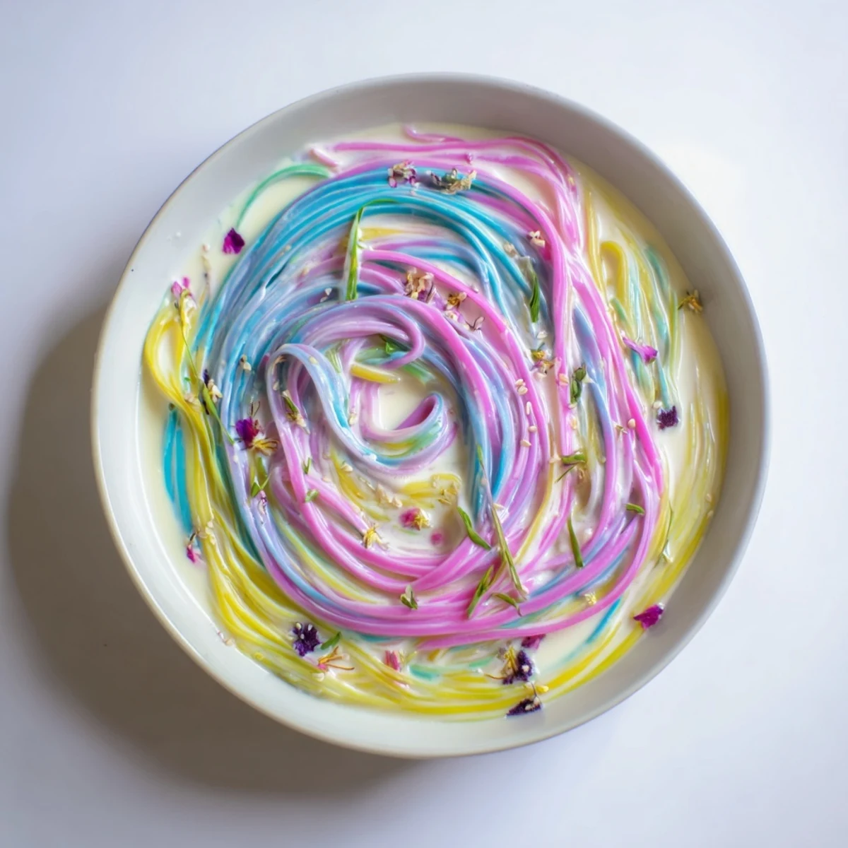 Vibrant Neon Noodle Cloud served in a bowl, drizzled with creamy sauce.