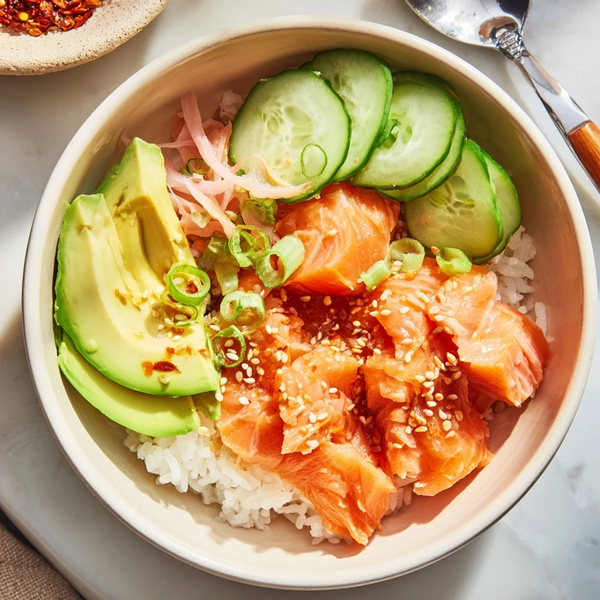 Leftover Salmon & Rice Bowl topped with creamy avocado and fresh cucumber slices.  