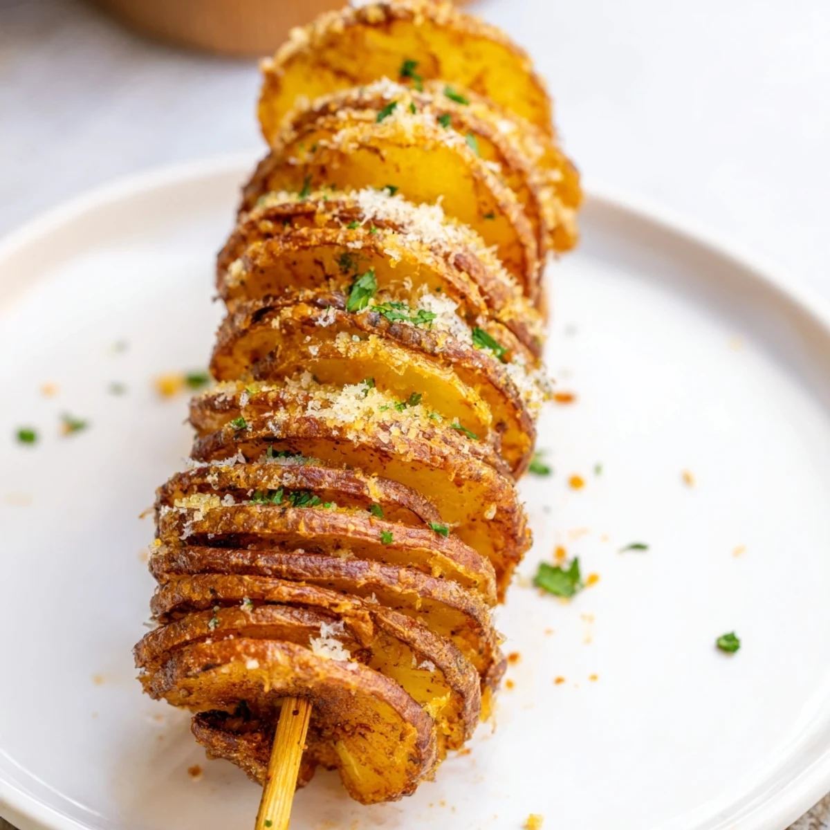 Deliciously seasoned air-fryer tornado potatoes, golden spirals drizzled with savory olive oil.  