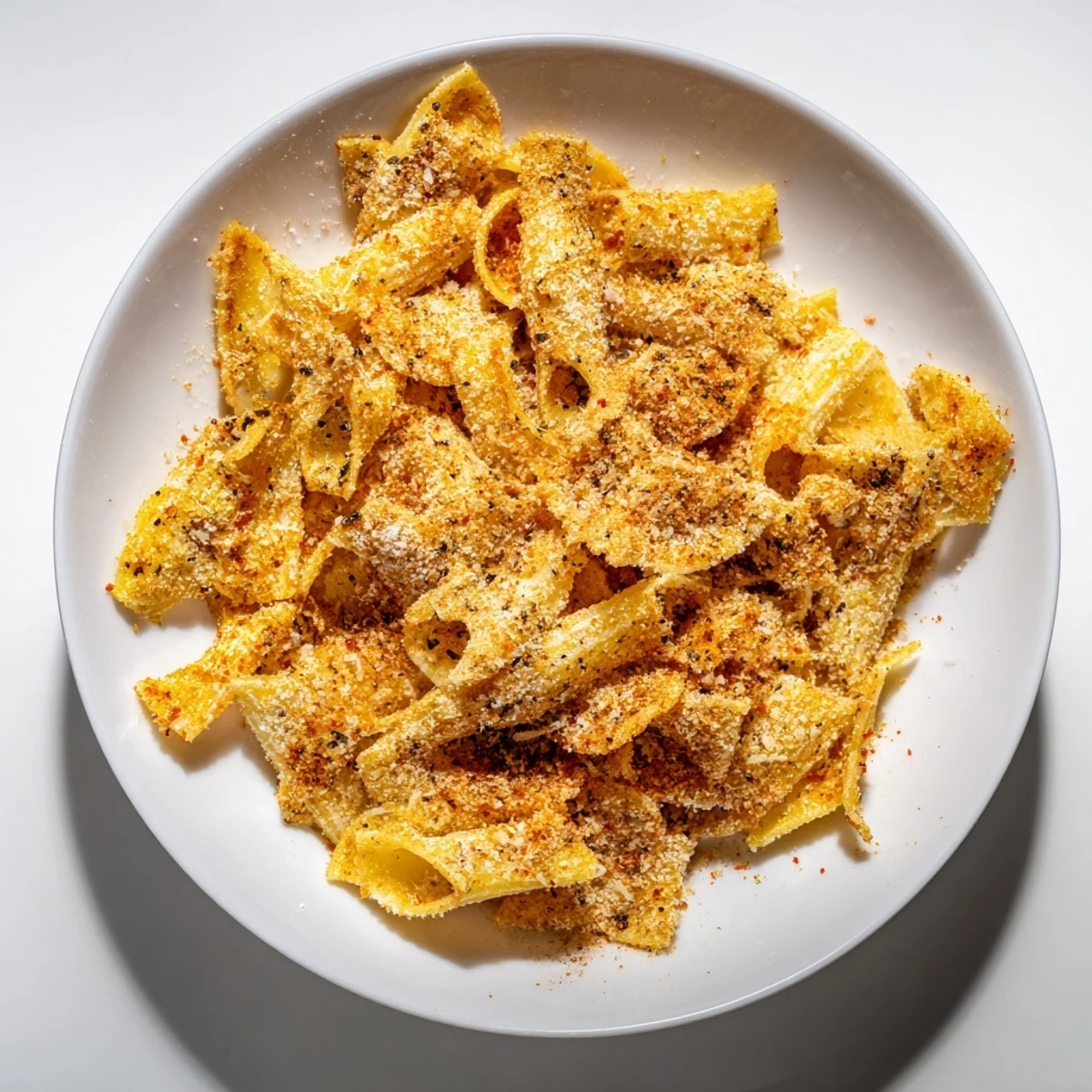 Crispy pasta chips seasoned variety served with marinara sauce for dipping.  