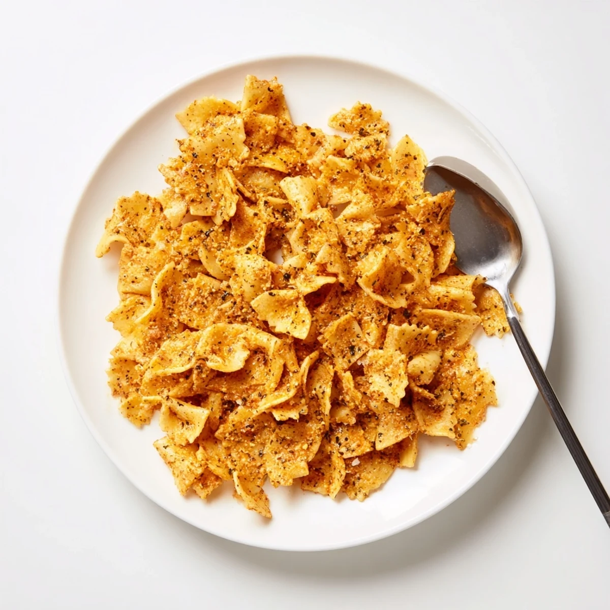 Savory seasoned pasta chips piled high, perfect for enjoying with your favorite dip.