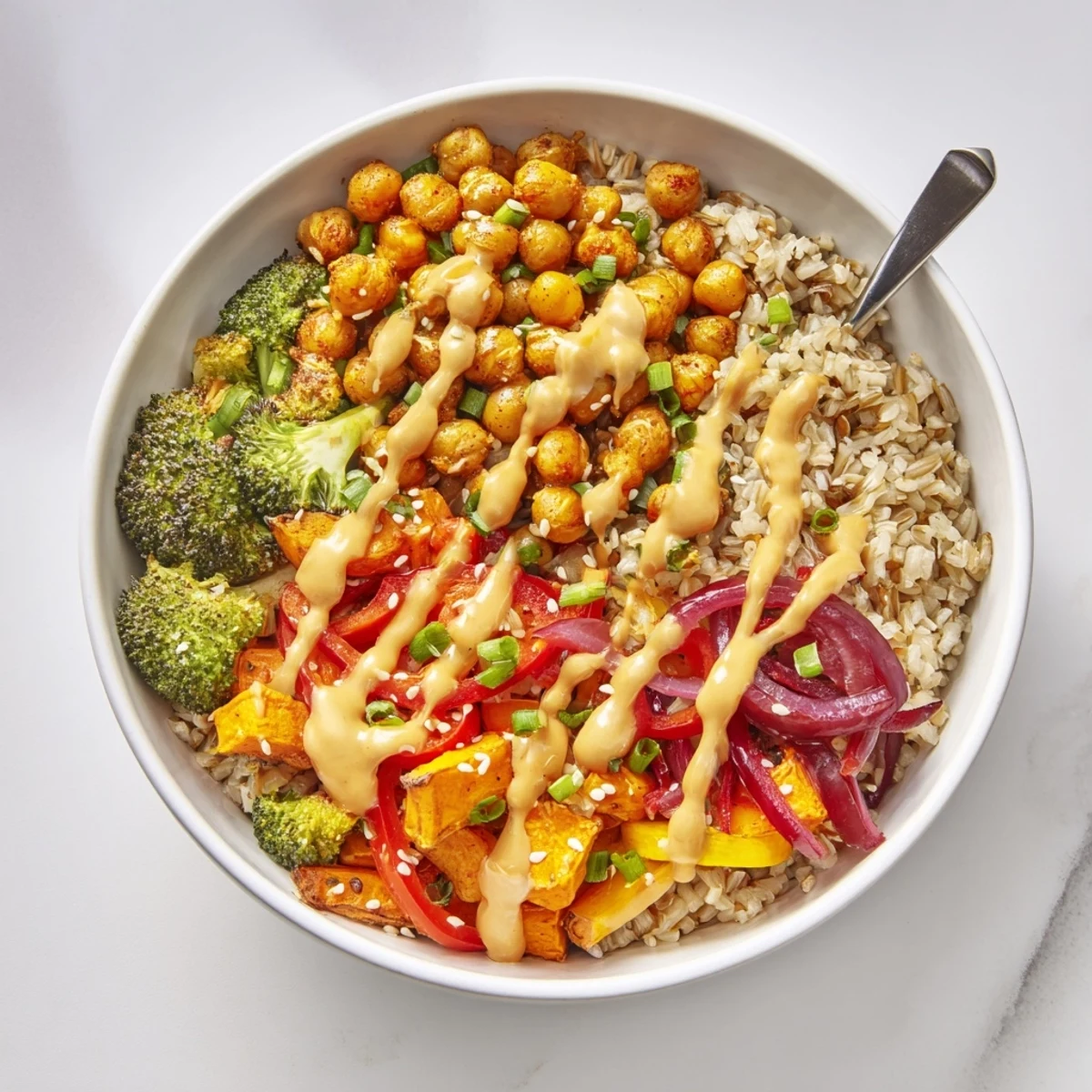 Colorful grain bowls near gochujang-maple sauce, featuring roasted sweet potatoes and chickpeas.  