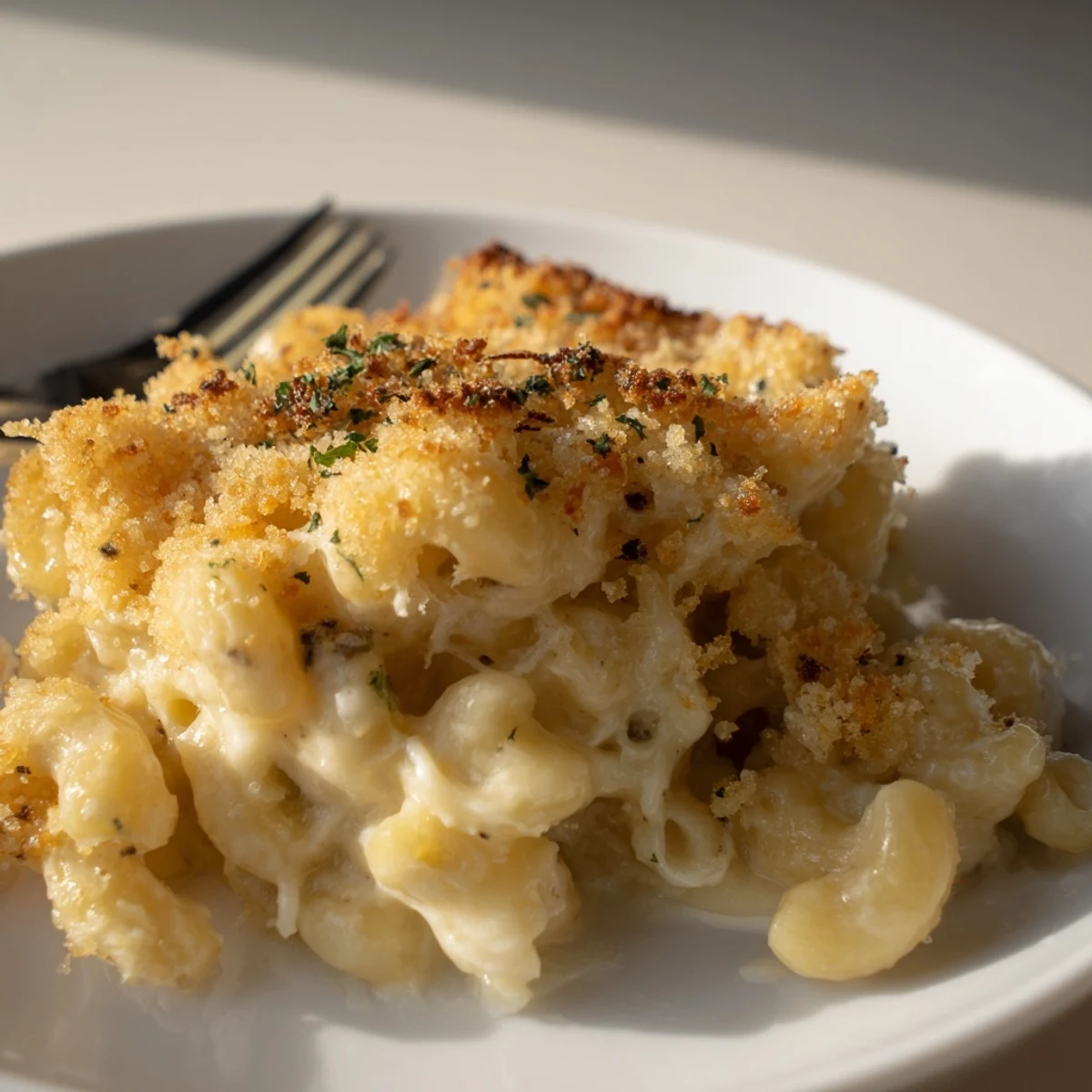 Creamy Truffle Macaroni and Cheese topped with crunchy panko and fresh herbs.  