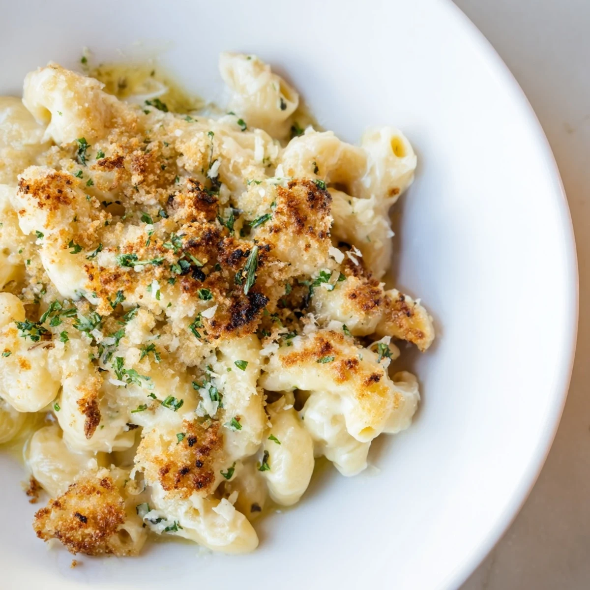 Decadent Truffle Macaroni & Cheese dish overflowing with melty cheese and truffle aroma.  