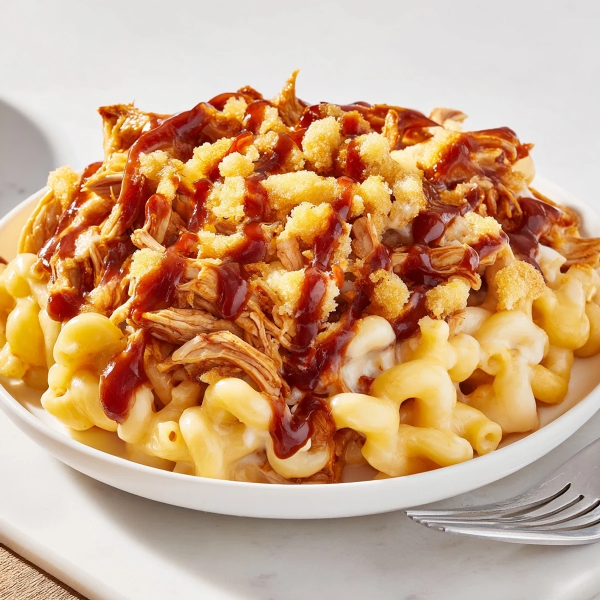 Creamy Classic Mac & Cheese with BBQ Chicken topped with crispy breadcrumbs and cheese.  