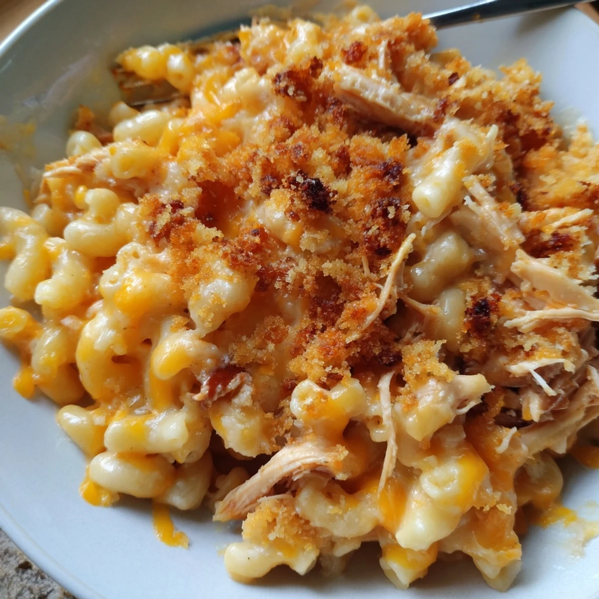 Savory Classic Mac & Cheese with BBQ Chicken, seasoned chicken and rich cheese sauce combined.