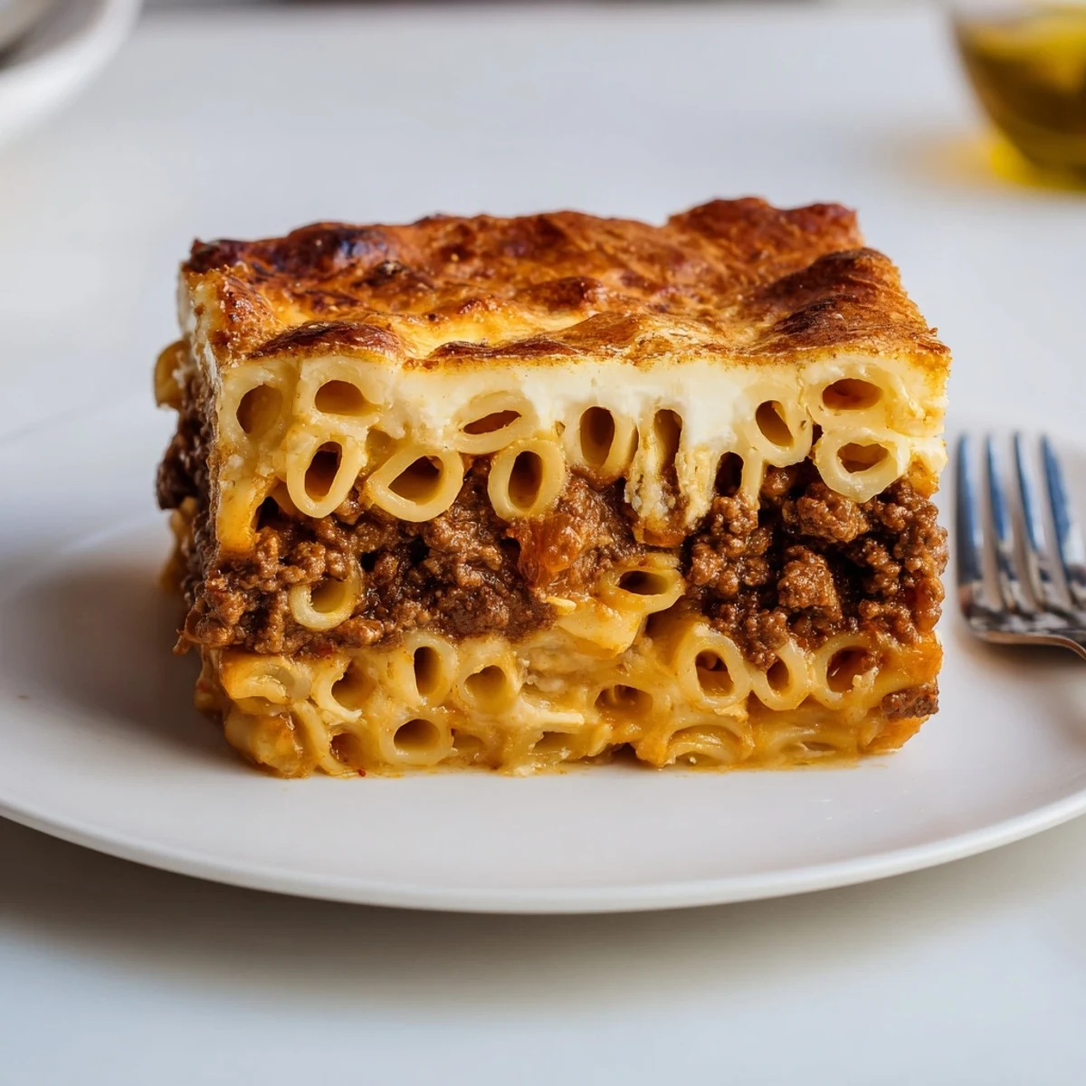 Golden-brown Greek Pastitsio layered with pasta, savory beef, and creamy béchamel.  