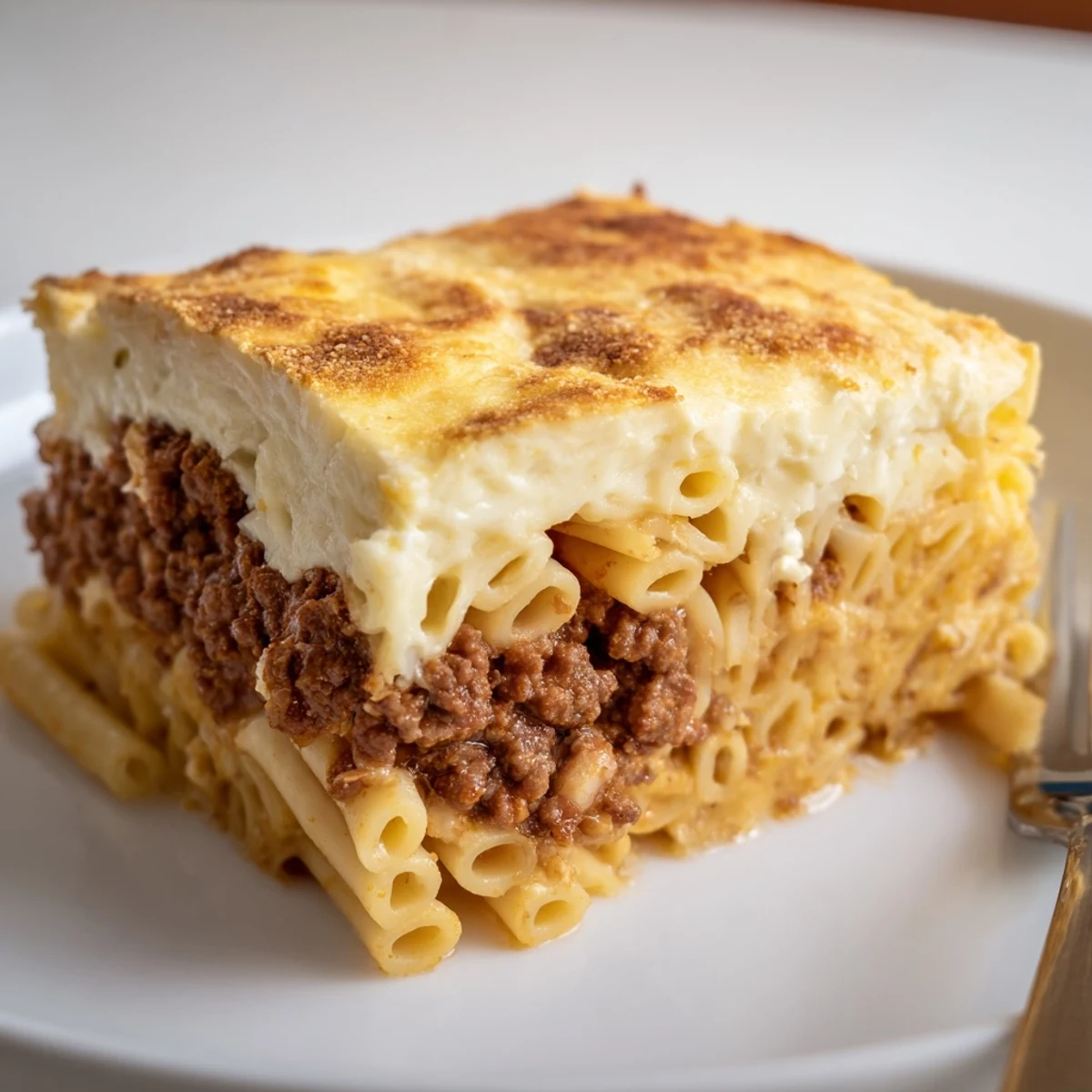 Satisfying Greek Pastitsio served warm, topped with buttery béchamel sauce.