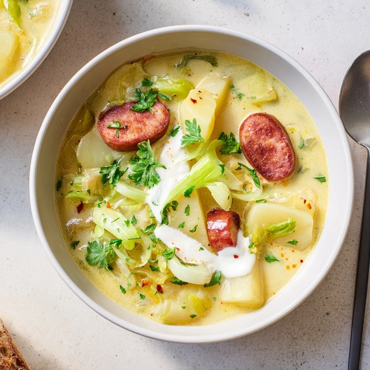Warm potato, leek & chorizo soup served with a sprinkle of vibrant herbs.