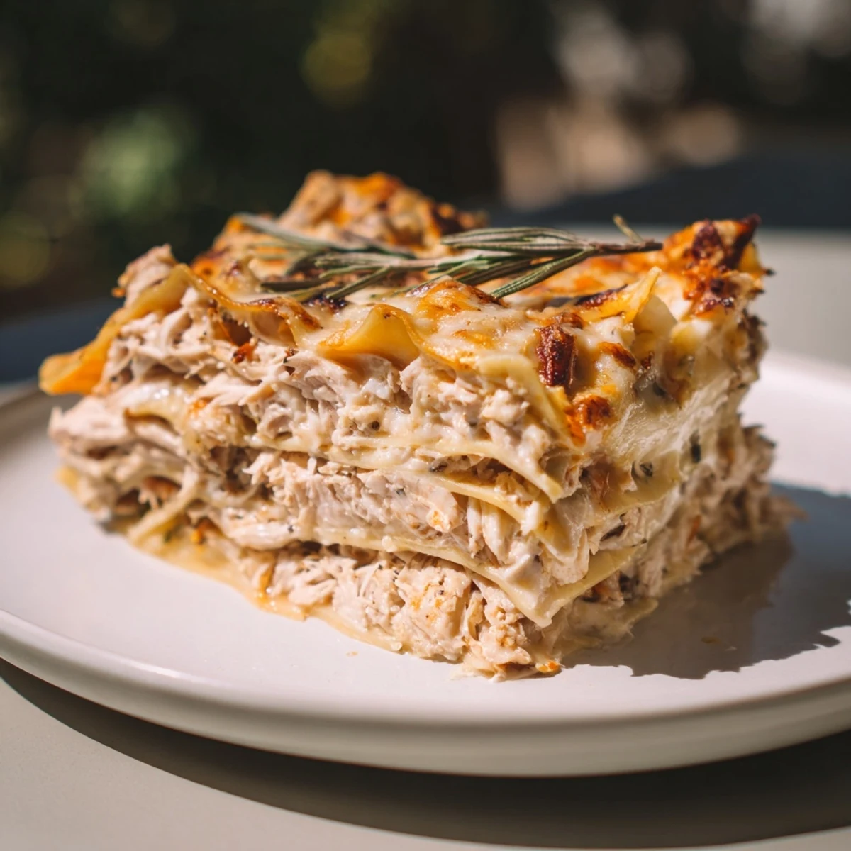 Enjoy a slice of Rosemary Chicken Lasagna: tender chicken & rich béchamel, baked to golden perfection.