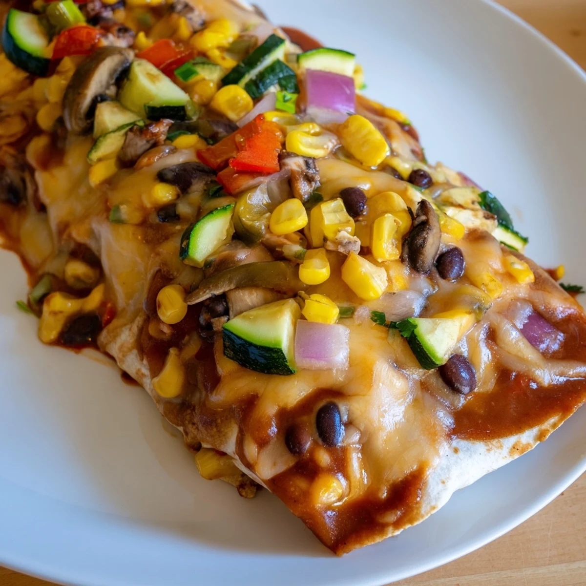 A close-up of cheesy Farmers Market Vegetarian Enchiladas, fresh from the oven, with a rich red sauce.