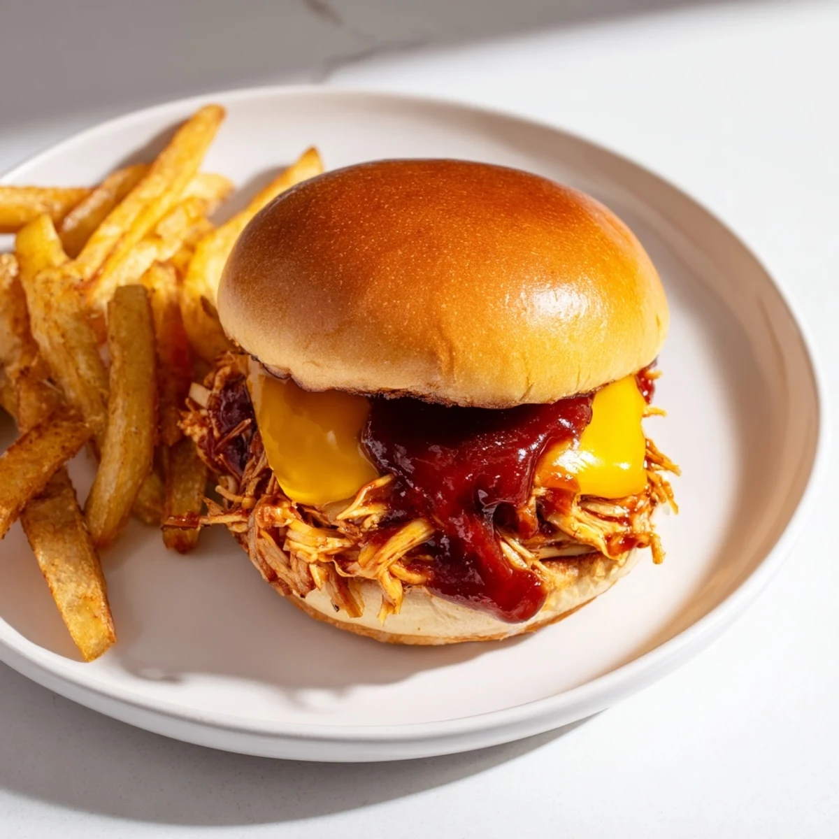 BBQ Chicken Sliders overflowing with tender shredded chicken, served alongside golden, perfectly crisp fries.